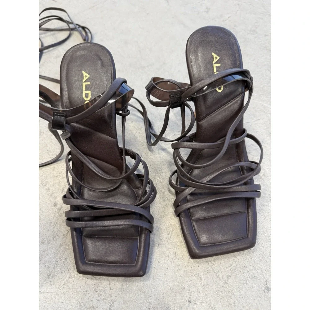 ALDO Women's Black Strappy Lace-Up Ankle Strap Square Toe Heels US 5 EU 35